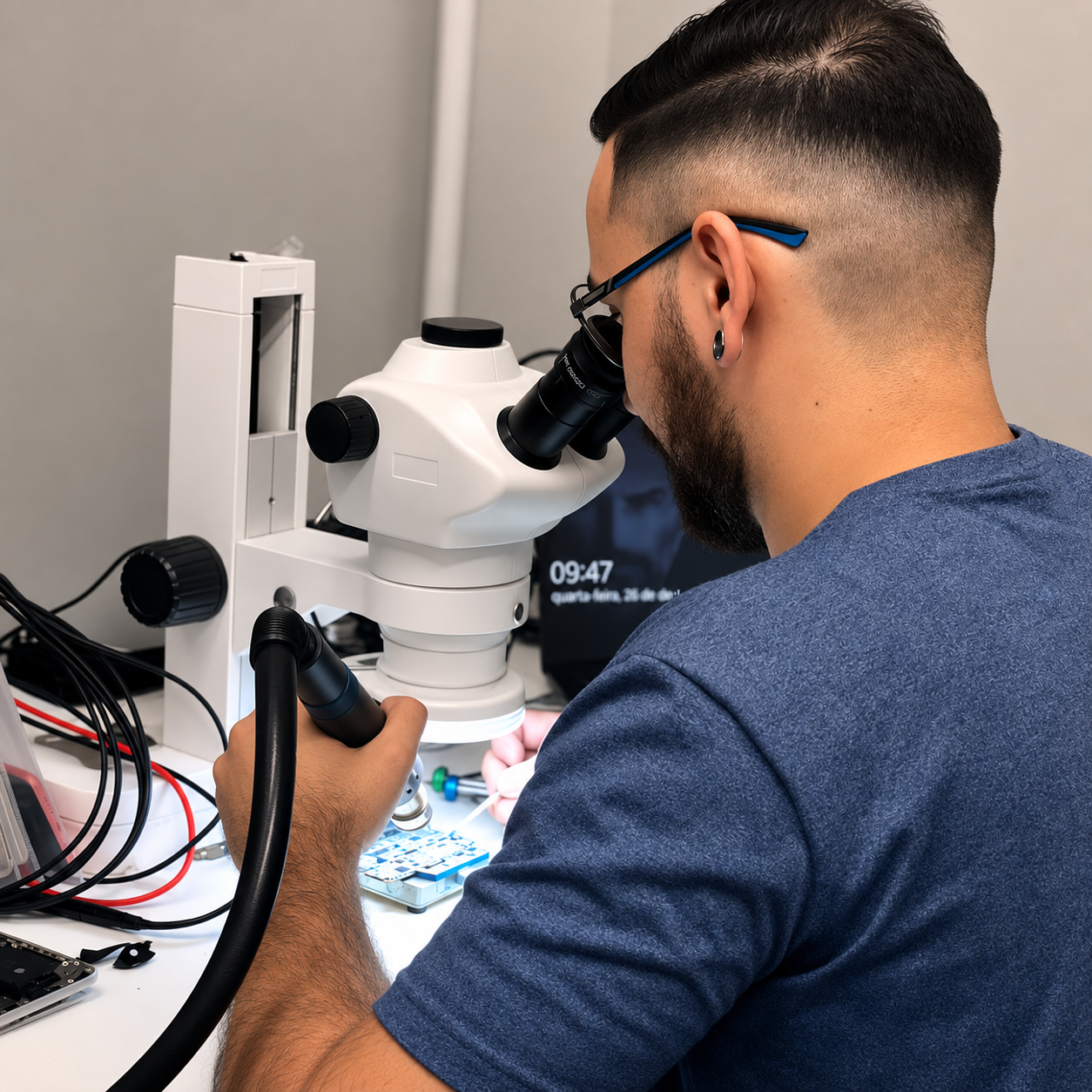 Técnico da iLoup fazendo microssolda em placa sob o microscópio